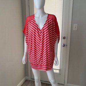 NWT Zena Woman Blouse, Red/Dark Coral With White Stripes, Sz 18/20